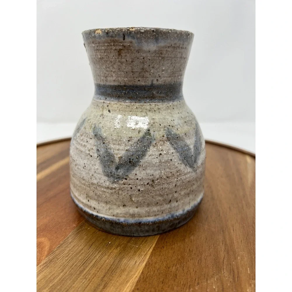 Handmade Ceramic Vase Rustic Beige Blue Zigzag Pattern Small Bud Vase